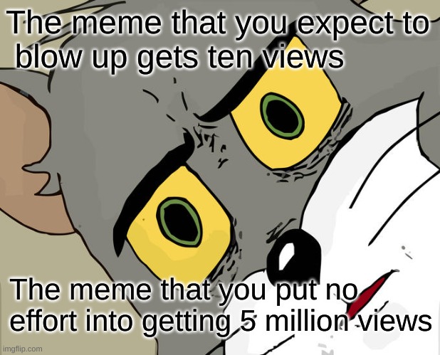 I guess people have no taste | The meme that you expect to
 blow up gets ten views; The meme that you put no effort into getting 5 million views | image tagged in memes,unsettled tom | made w/ Imgflip meme maker