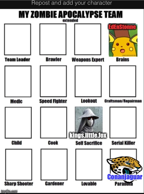 Repost and add character | Conanjaguar | image tagged in trends,my zombie apocalypse team | made w/ Imgflip meme maker