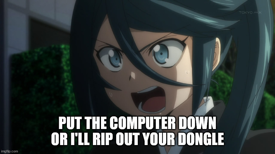 Shouting Anime Girl | PUT THE COMPUTER DOWN OR I'LL RIP OUT YOUR DONGLE | image tagged in shouting anime girl | made w/ Imgflip meme maker