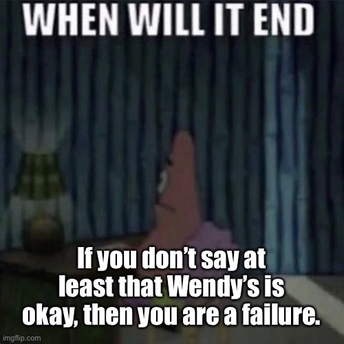 When will it end? | If you don’t say at least that Wendy’s is okay, then you are a failure. | image tagged in when will it end | made w/ Imgflip meme maker