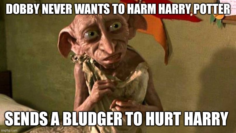 DOBBY HARRY POTTER | DOBBY NEVER WANTS TO HARM HARRY POTTER; SENDS A BLUDGER TO HURT HARRY | image tagged in dobby harry potter | made w/ Imgflip meme maker