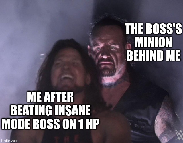 . | THE BOSS'S MINION BEHIND ME; ME AFTER BEATING INSANE MODE BOSS ON 1 HP | image tagged in undertaker,relatable | made w/ Imgflip meme maker