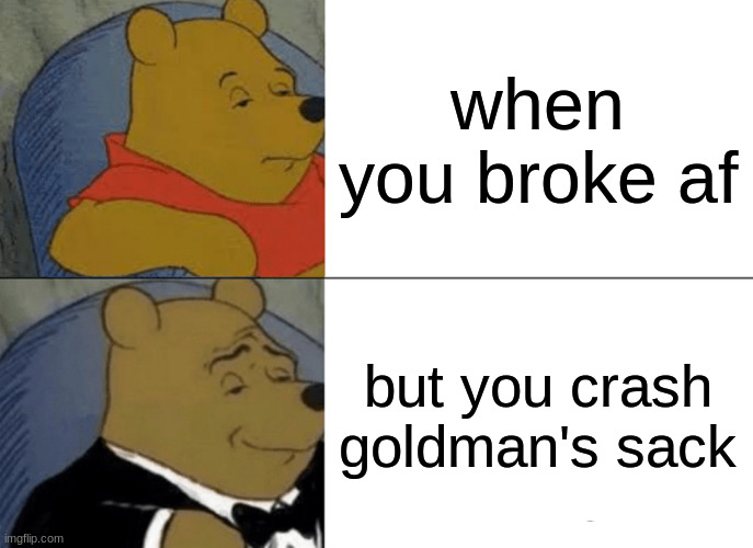 Crashing Goldman's Sack | when you broke af; but you crash goldman's sack | image tagged in memes,tuxedo winnie the pooh,gs,goldmansachs | made w/ Imgflip meme maker