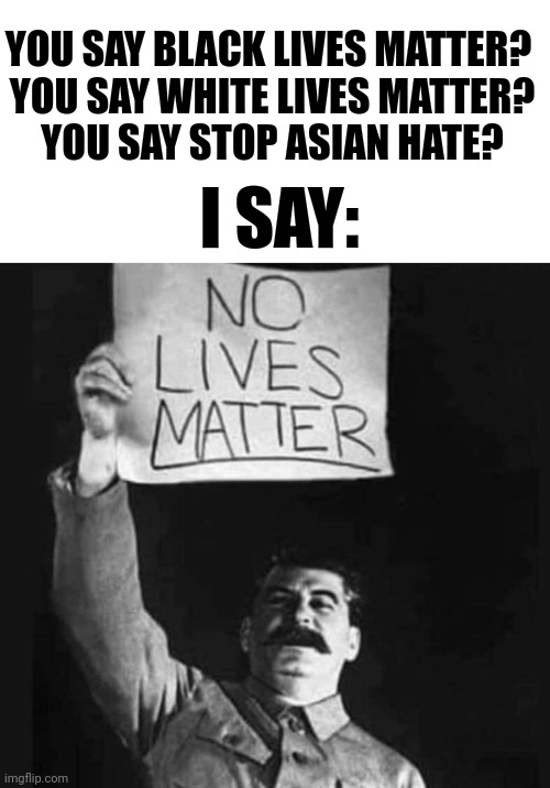 /j | YOU SAY BLACK LIVES MATTER? 
YOU SAY WHITE LIVES MATTER?
YOU SAY STOP ASIAN HATE? I SAY: | image tagged in no lives matter | made w/ Imgflip meme maker