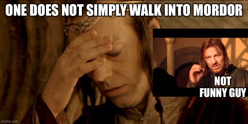 Lord Elrond | ONE DOES NOT SIMPLY WALK INTO MORDOR; NOT FUNNY GUY | image tagged in lord elrond,frustrated boromir,lotr,lord of the rings lotr elevenses | made w/ Imgflip meme maker