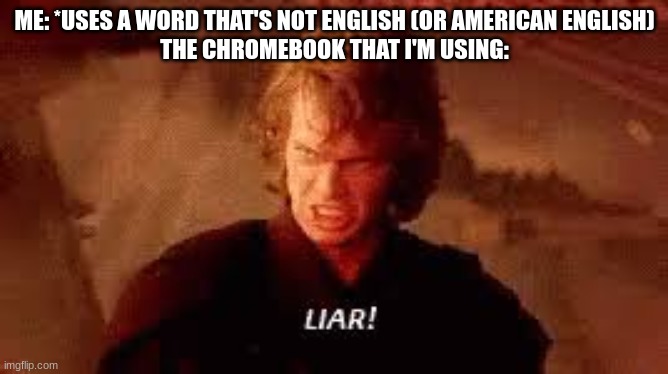 Good thing that it doesn't have autocorrect installed- yeesh! | ME: *USES A WORD THAT'S NOT ENGLISH (OR AMERICAN ENGLISH)
THE CHROMEBOOK THAT I'M USING: | image tagged in anakin liar | made w/ Imgflip meme maker