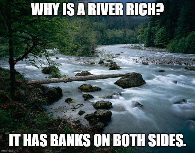 Daily Bad Dad Joke March 15 2023 | WHY IS A RIVER RICH? IT HAS BANKS ON BOTH SIDES. | image tagged in river | made w/ Imgflip meme maker