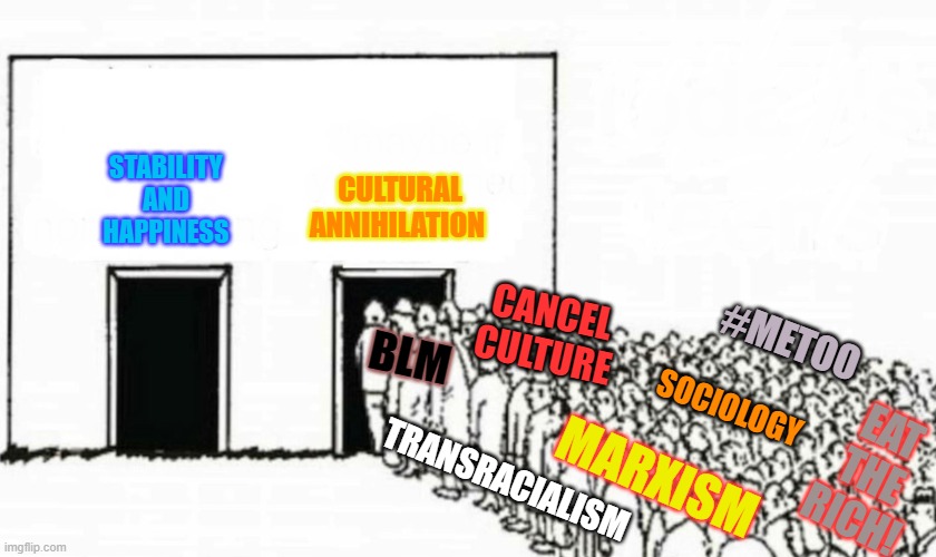 Two doors crowd | CULTURAL ANNIHILATION; STABILITY AND HAPPINESS; CANCEL CULTURE; EAT THE RICH! #METOO; BLM; SOCIOLOGY; MARXISM; TRANSRACIALISM | image tagged in two doors crowd,sjws,cancel culture,society,blm | made w/ Imgflip meme maker