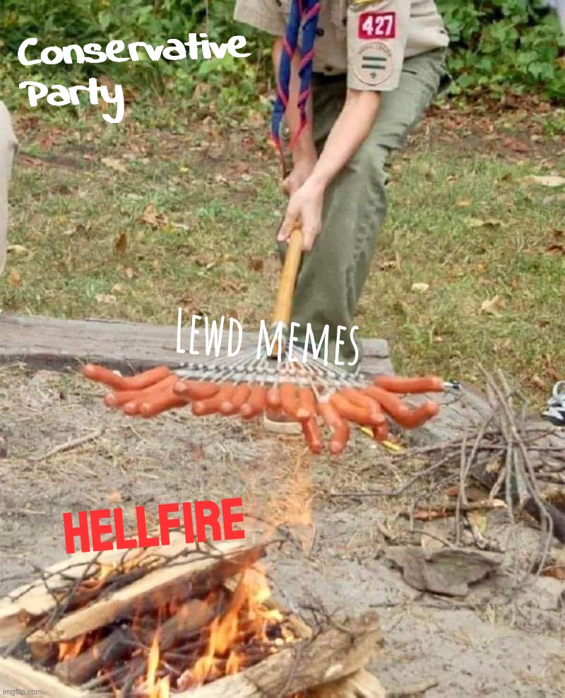 Cast those sinful thoughts into the eternal pit whence they came, and where they belong. #notevenonce #not #even #once | Conservative Party; Lewd memes; Hellfire | image tagged in weenie roast on rake,conservative party,lewd,erotic,content,not even once | made w/ Imgflip meme maker