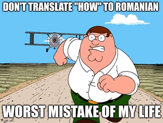 don't | DON'T TRANSLATE "HOW" TO ROMANIAN; WORST MISTAKE OF MY LIFE | image tagged in peter griffin running away | made w/ Imgflip meme maker