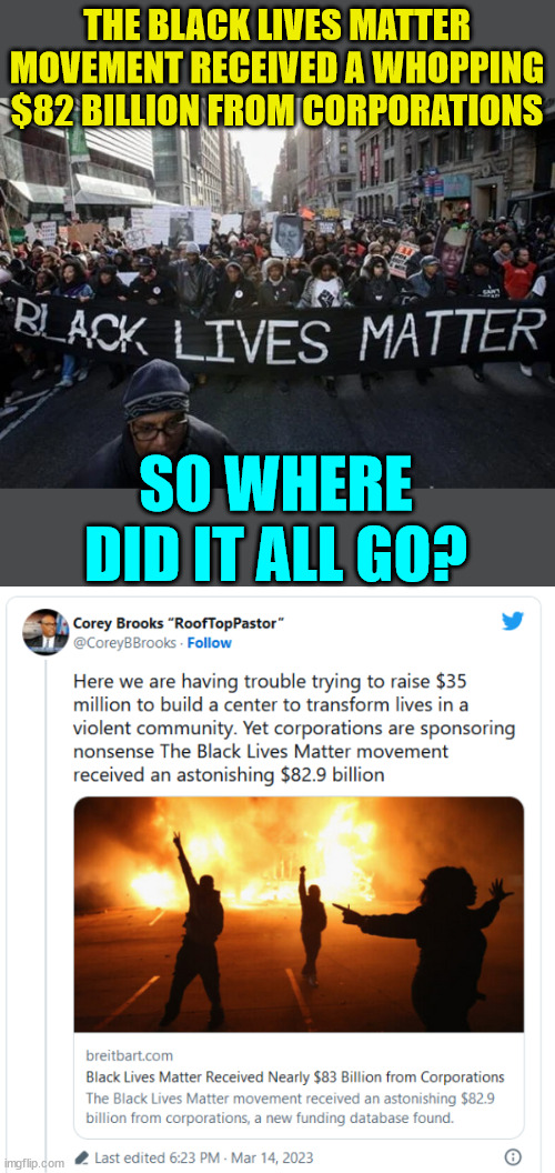 Where did the money go? It sounds like they were paid reparations... | THE BLACK LIVES MATTER MOVEMENT RECEIVED A WHOPPING $82 BILLION FROM CORPORATIONS; SO WHERE DID IT ALL GO? | image tagged in blm,scammers,scam,white,guilt | made w/ Imgflip meme maker
