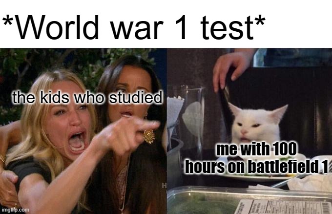 you could call me an expert | *World war 1 test*; the kids who studied; me with 100 hours on battlefield 1 | image tagged in memes,woman yelling at cat,battlefield 1,gaming | made w/ Imgflip meme maker