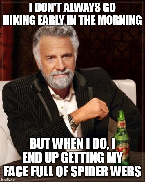 The Most Interesting Man In The World | I DON'T ALWAYS GO HIKING EARLY IN THE MORNING; BUT WHEN I DO, I END UP GETTING MY FACE FULL OF SPIDER WEBS | image tagged in memes,the most interesting man in the world,meme,humor,funny | made w/ Imgflip meme maker