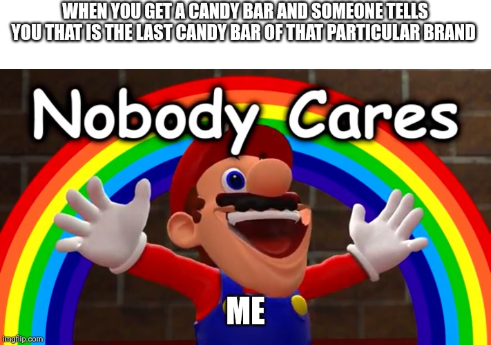 Last candy bar of that brand | WHEN YOU GET A CANDY BAR AND SOMEONE TELLS YOU THAT IS THE LAST CANDY BAR OF THAT PARTICULAR BRAND; ME | image tagged in nobody cares | made w/ Imgflip meme maker