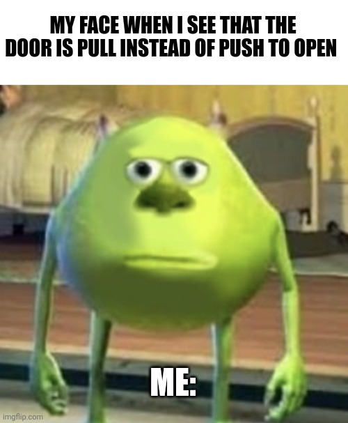 Make doors push, not pull!!!! | MY FACE WHEN I SEE THAT THE DOOR IS PULL INSTEAD OF PUSH TO OPEN; ME: | image tagged in mike wazowski face swap | made w/ Imgflip meme maker