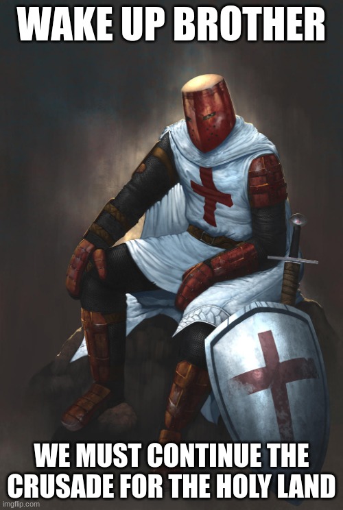 It's time brothers | WAKE UP BROTHER; WE MUST CONTINUE THE CRUSADE FOR THE HOLY LAND | image tagged in crusader | made w/ Imgflip meme maker