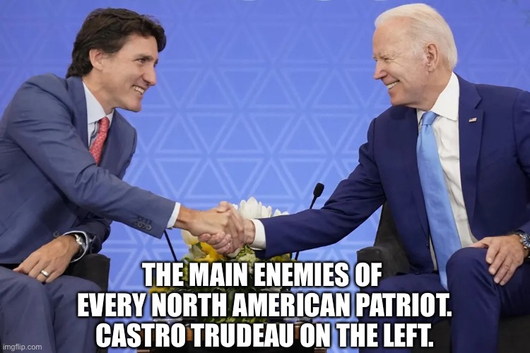 Crush the commies. | THE MAIN ENEMIES OF 
EVERY NORTH AMERICAN PATRIOT.
CASTRO TRUDEAU ON THE LEFT. | image tagged in joe biden,biden,justin trudeau,trudeau,commies,crush the commies | made w/ Imgflip meme maker