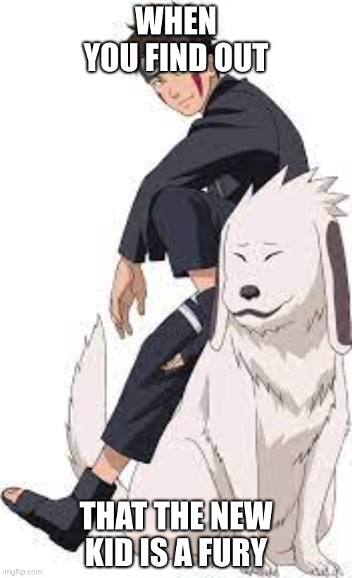 kiba funny | WHEN YOU FIND OUT; THAT THE NEW KID IS A FURY | image tagged in anime,anime meme | made w/ Imgflip meme maker