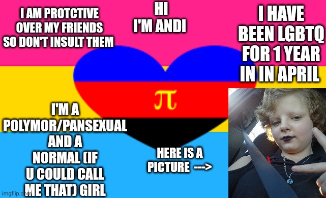 Me | HI I'M ANDI; I'M A POLYMOR/PANSEXUAL AND A NORMAL (IF U COULD CALL ME THAT) GIRL; I AM PROTCTIVE OVER MY FRIENDS SO DON'T INSULT THEM; I HAVE BEEN LGBTQ FOR 1 YEAR IN IN APRIL; HERE IS A PICTURE  ---> | image tagged in lgbtq,pansexual,single,pride | made w/ Imgflip meme maker