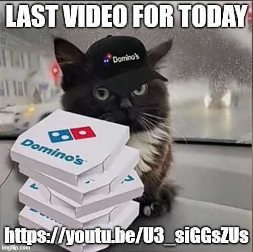 Dominos Cat | LAST VIDEO FOR TODAY; https://youtu.be/U3_siGGsZUs | image tagged in dominos cat | made w/ Imgflip meme maker