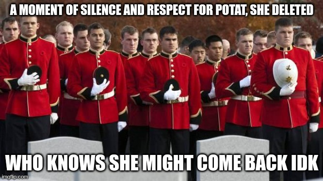 moment of silence | A MOMENT OF SILENCE AND RESPECT FOR POTAT, SHE DELETED; WHO KNOWS SHE MIGHT COME BACK IDK | image tagged in moment of silence | made w/ Imgflip meme maker