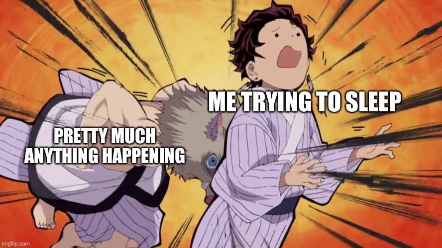 Demon slayer | ME TRYING TO SLEEP; PRETTY MUCH ANYTHING HAPPENING | image tagged in demon slayer | made w/ Imgflip meme maker