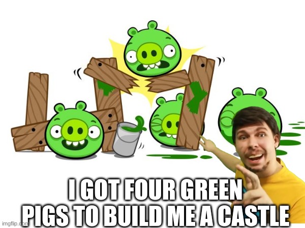 mr beast | I GOT FOUR GREEN PIGS TO BUILD ME A CASTLE | image tagged in mr beast | made w/ Imgflip meme maker