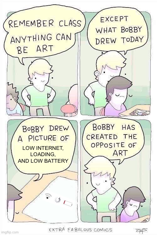 Literally the most hated things in the world | LOW INTERNET, LOADING, AND LOW BATTERY | image tagged in bobby has created the opposite of art,comics/cartoons | made w/ Imgflip meme maker