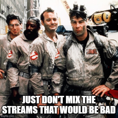 Ghostbusters  | JUST DON'T MIX THE STREAMS THAT WOULD BE BAD | image tagged in ghostbusters | made w/ Imgflip meme maker