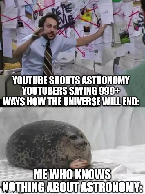 Astronomy? | YOUTUBE SHORTS ASTRONOMY YOUTUBERS SAYING 999+ WAYS HOW THE UNIVERSE WILL END:; ME WHO KNOWS NOTHING ABOUT ASTRONOMY: | image tagged in memes,funny,man explaining to seal | made w/ Imgflip meme maker