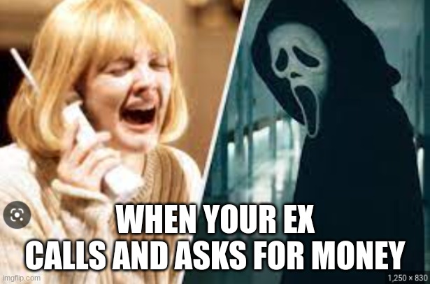 Scream | WHEN YOUR EX CALLS AND ASKS FOR MONEY | image tagged in scream,when your ex,drew barrymore | made w/ Imgflip meme maker