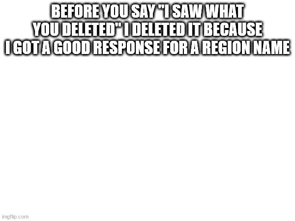 BEFORE YOU SAY "I SAW WHAT YOU DELETED" I DELETED IT BECAUSE I GOT A GOOD RESPONSE FOR A REGION NAME | made w/ Imgflip meme maker
