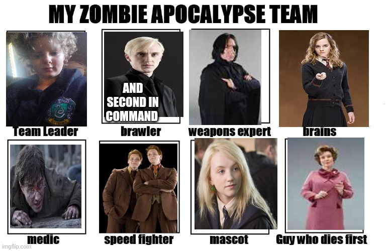 My other apocalypse team | AND SECOND IN COMMAND | image tagged in my zombie apocalypse team | made w/ Imgflip meme maker