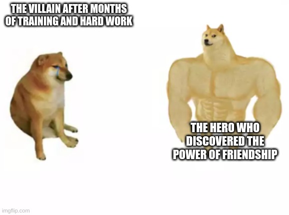 every children's show or Disney movie | THE VILLAIN AFTER MONTHS OF TRAINING AND HARD WORK; THE HERO WHO DISCOVERED THE POWER OF FRIENDSHIP | image tagged in buff doge vs cheems reversed | made w/ Imgflip meme maker