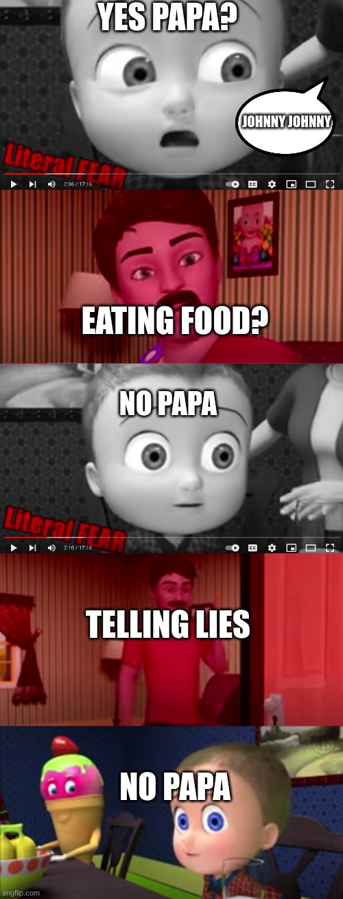 johnny johnny | YES PAPA? JOHNNY JOHNNY; EATING FOOD? NO PAPA; TELLING LIES; NO PAPA | image tagged in johnny | made w/ Imgflip meme maker