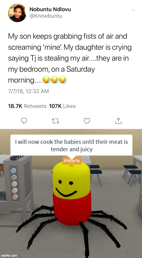 I will now cook the babies until their meat is tender and juicy | image tagged in i will now cook the babies until their meat is tender and juicy,air,thief,stupid kids | made w/ Imgflip meme maker