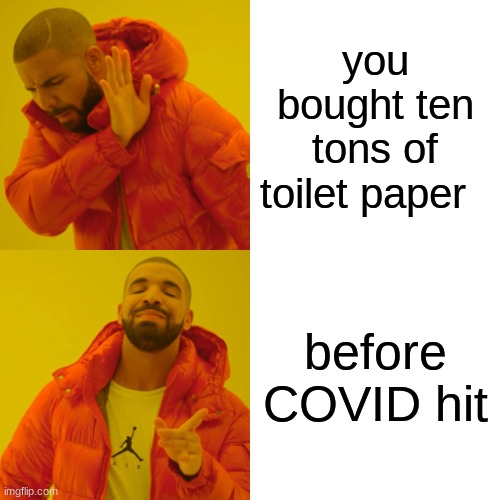Drake Hotline Bling Meme | you bought ten tons of toilet paper; before COVID hit | image tagged in memes,drake hotline bling | made w/ Imgflip meme maker