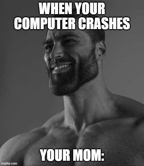 LOL | WHEN YOUR COMPUTER CRASHES; YOUR MOM: | image tagged in giga chad | made w/ Imgflip meme maker