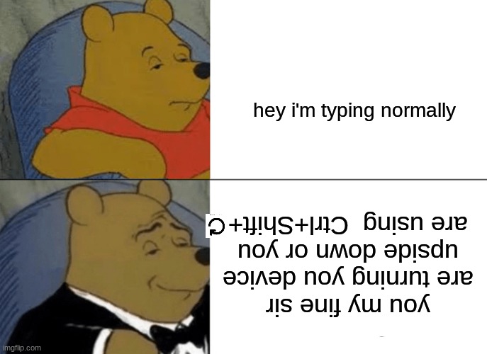 Tuxedo Winnie The Pooh | hey i'm typing normally; you my fine sir are turning you device upside down or you are using  Ctrl+Shift+ | image tagged in memes,tuxedo winnie the pooh | made w/ Imgflip meme maker