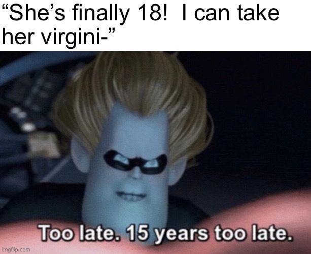 Too Late | “She’s finally 18!  I can take
her virgini-” | image tagged in too late | made w/ Imgflip meme maker