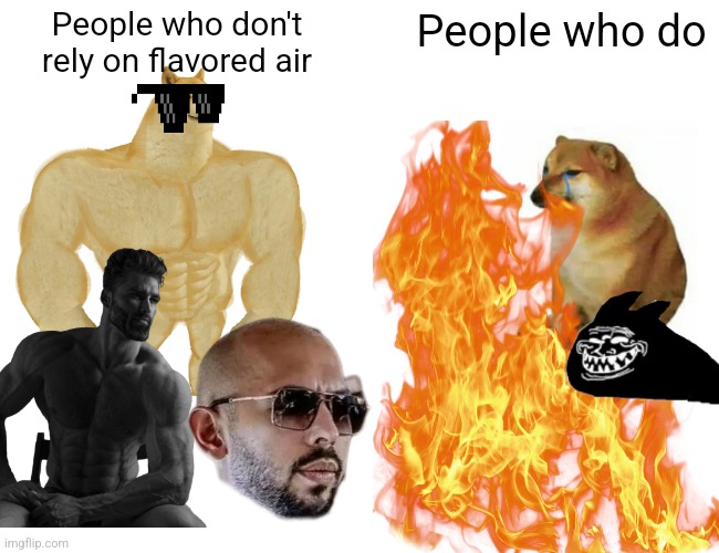 Buff Doge vs. Cheems | People who don't rely on flavored air; People who do | image tagged in memes,buff doge vs cheems | made w/ Imgflip meme maker
