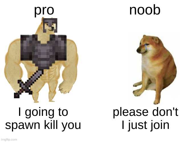 minecraft | pro; noob; I going to spawn kill you; please don't I just join | image tagged in memes,buff doge vs cheems | made w/ Imgflip meme maker