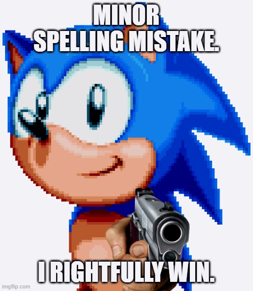 sonic with a gun | MINOR SPELLING MISTAKE. I RIGHTFULLY WIN. | image tagged in sonic with a gun | made w/ Imgflip meme maker