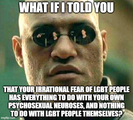 The conservative worldview is distorted by conservatives' own psychosexual neuroses. | WHAT IF I TOLD YOU; THAT YOUR IRRATIONAL FEAR OF LGBT PEOPLE
HAS EVERYTHING TO DO WITH YOUR OWN
PSYCHOSEXUAL NEUROSES, AND NOTHING
TO DO WITH LGBT PEOPLE THEMSELVES? | image tagged in what if i told you,lgbtq,fear,conservative logic,psychology,bias | made w/ Imgflip meme maker