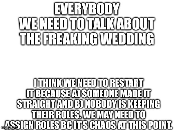 You guys, sign up for roles in the comments. | EVERYBODY
WE NEED TO TALK ABOUT THE FREAKING WEDDING; I THINK WE NEED TO RESTART IT BECAUSE A) SOMEONE MADE IT STRAIGHT AND B) NOBODY IS KEEPING THEIR ROLES. WE MAY NEED TO ASSIGN ROLES BC IT’S CHAOS AT THIS POINT. | image tagged in why are you reading the tags,wedding | made w/ Imgflip meme maker