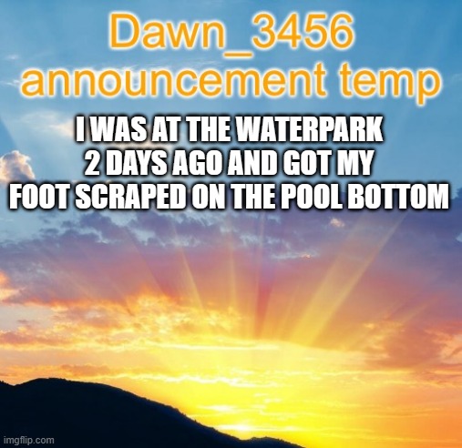 it was that rough | I WAS AT THE WATERPARK 2 DAYS AGO AND GOT MY FOOT SCRAPED ON THE POOL BOTTOM | image tagged in dawn_3456 announcement | made w/ Imgflip meme maker