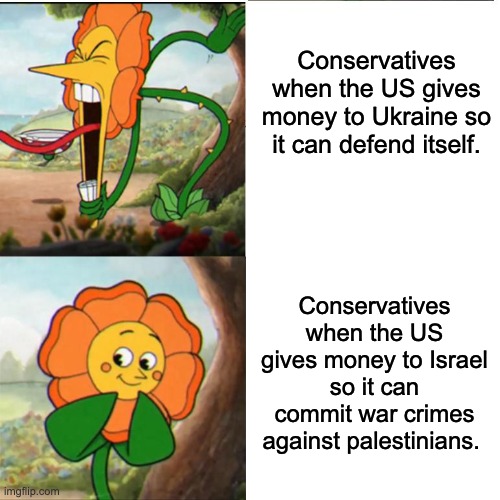 Stop bombing palestinian children with my universal healthcare money. | Conservatives when the US gives money to Ukraine so it can defend itself. Conservatives when the US gives money to Israel so it can commit war crimes against palestinians. | image tagged in cuphead flower,israel,ukraine,military,war crimes | made w/ Imgflip meme maker