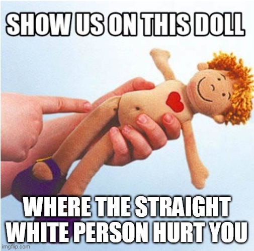 WHERE THE STRAIGHT WHITE PERSON HURT YOU | image tagged in political humor | made w/ Imgflip meme maker