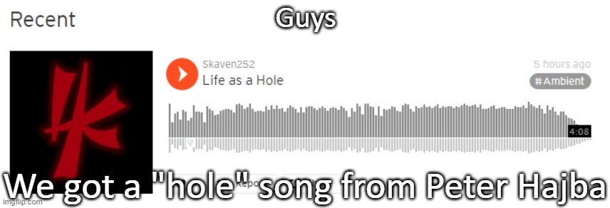 Get it? "Hole"...Never mind. | Guys; We got a "hole" song from Peter Hajba | image tagged in skaven252,mmc,ambient | made w/ Imgflip meme maker