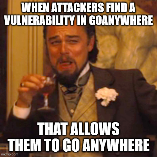 What an unfortunate product name | WHEN ATTACKERS FIND A VULNERABILITY IN GOANYWHERE; THAT ALLOWS THEM TO GO ANYWHERE | image tagged in memes,laughing leo | made w/ Imgflip meme maker